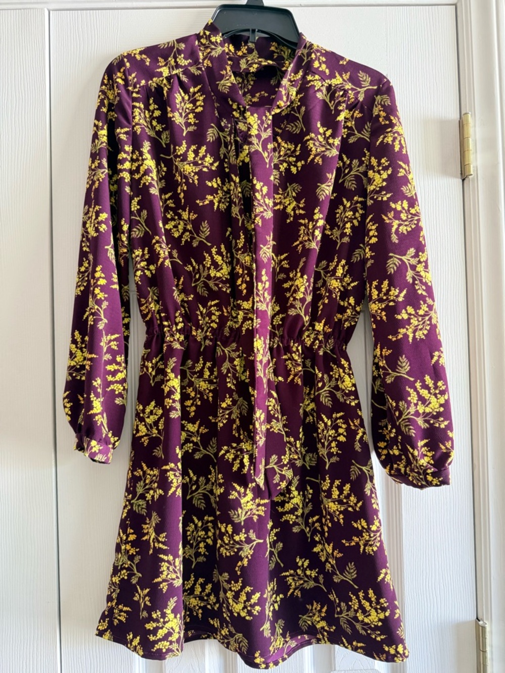 Purple Floral Long Sleeve Dress with Yellow Print